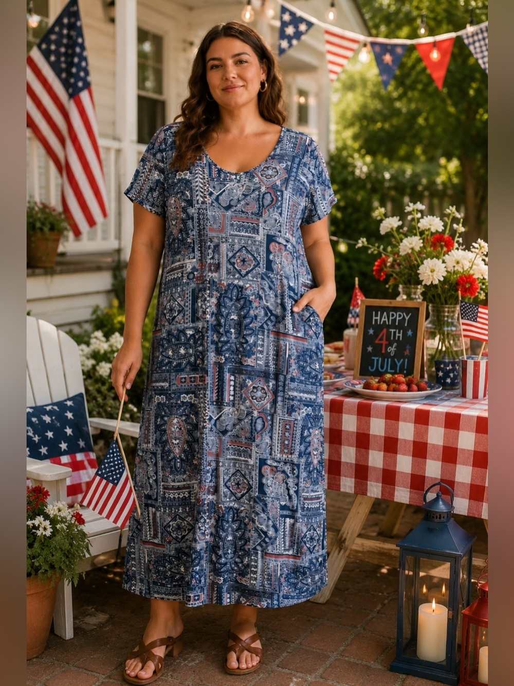 LuLaRoe Blue Patchwork Short-Sleeve Macy Maxi Dress Size-Large Boho Americana